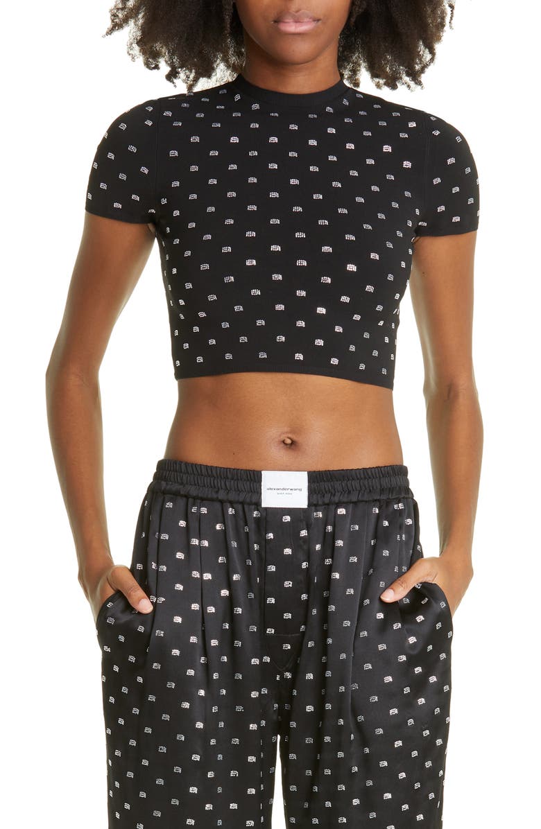 Alexander Wang Crystal Logo Crop T-Shirt, Main, color, 