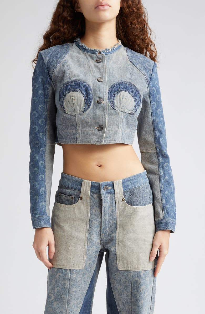 Marine Serre Mixed Wash Denim Crop Jacket, Main, color,