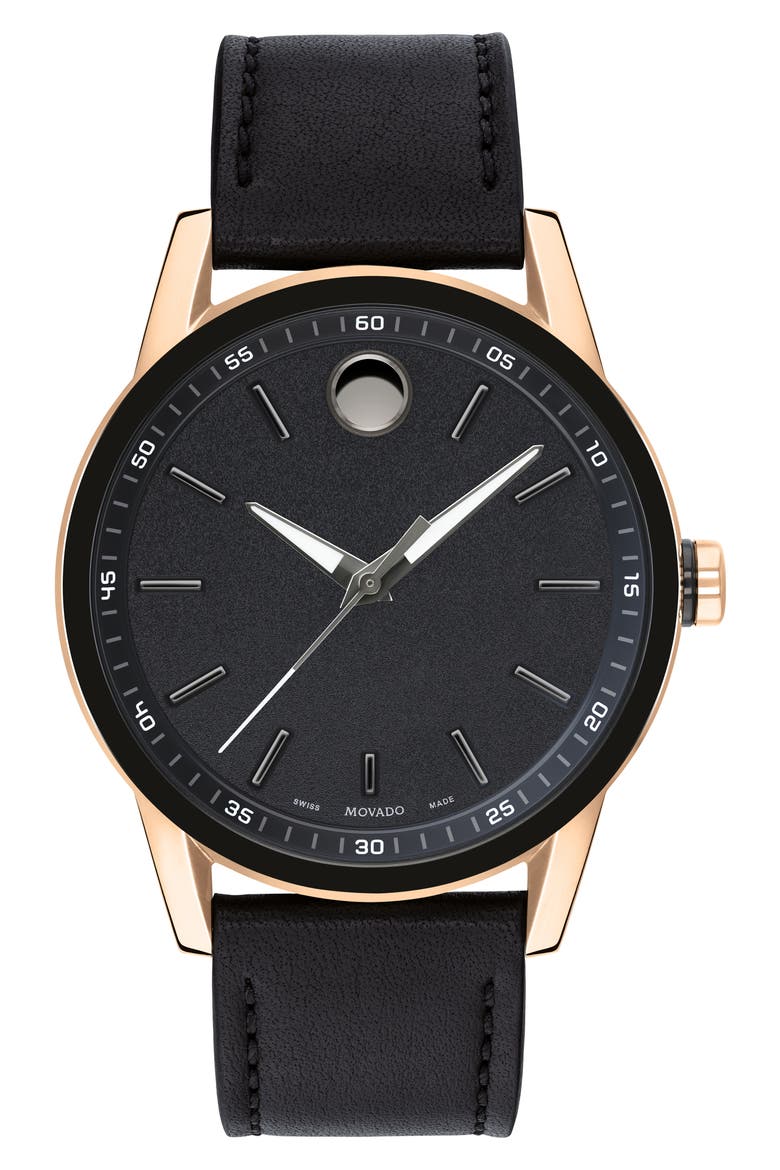 Leather Strap Watch, 42mm, Main, color, BLACK/ ROSE GOLD