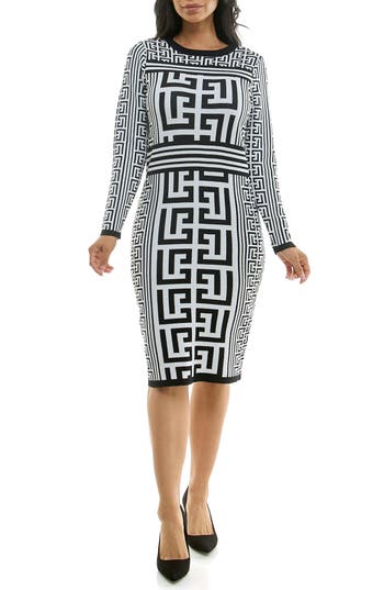 Nina Leonard Leopard Print Long Sleeve Sweater Dress In Black/white
