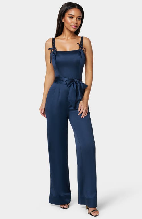Bebe Luxe Satin Ultra Wide Leg Jumpsuit In Blue