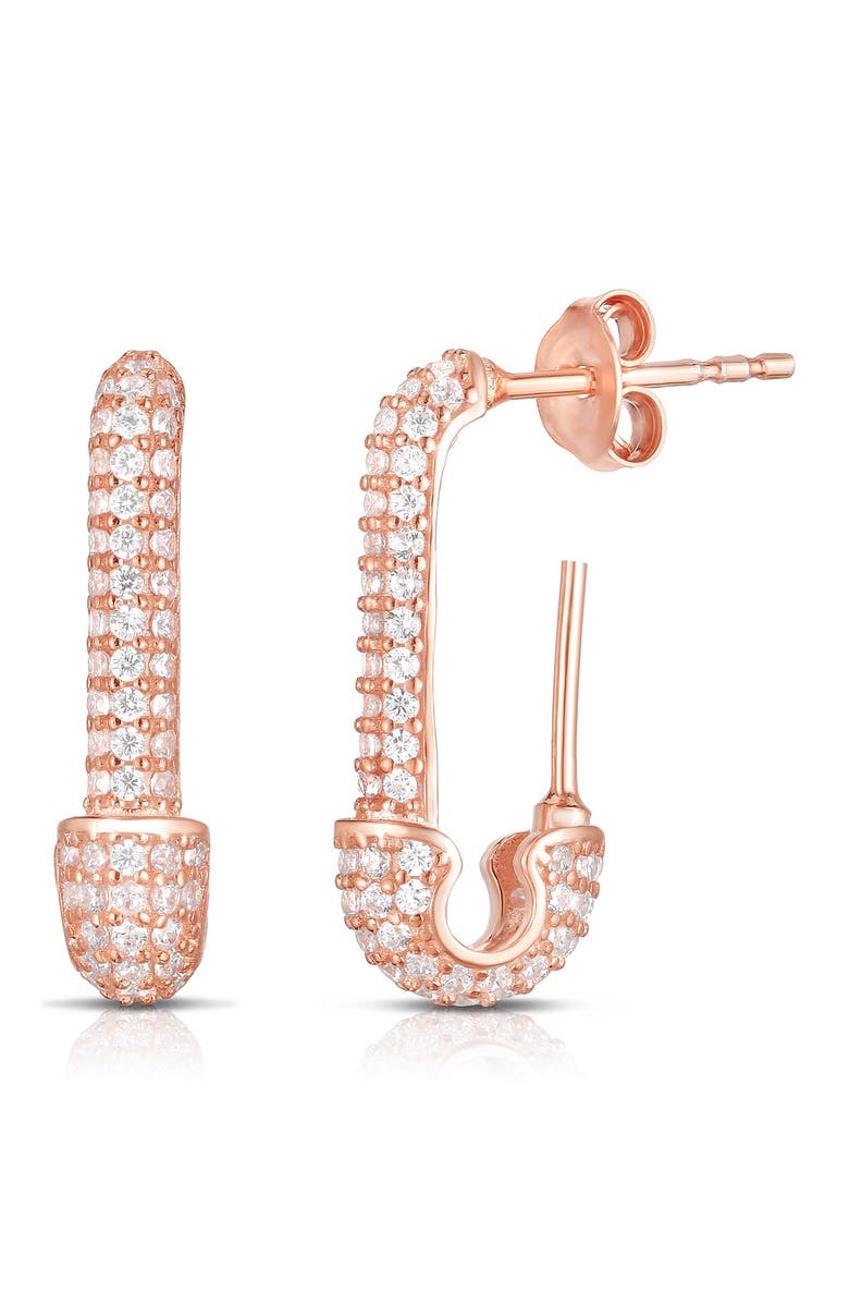 SPHERA MILANO 18K Rose Gold Plated Sterling Silver CZ Safety Pin Earrings, Main, color, 