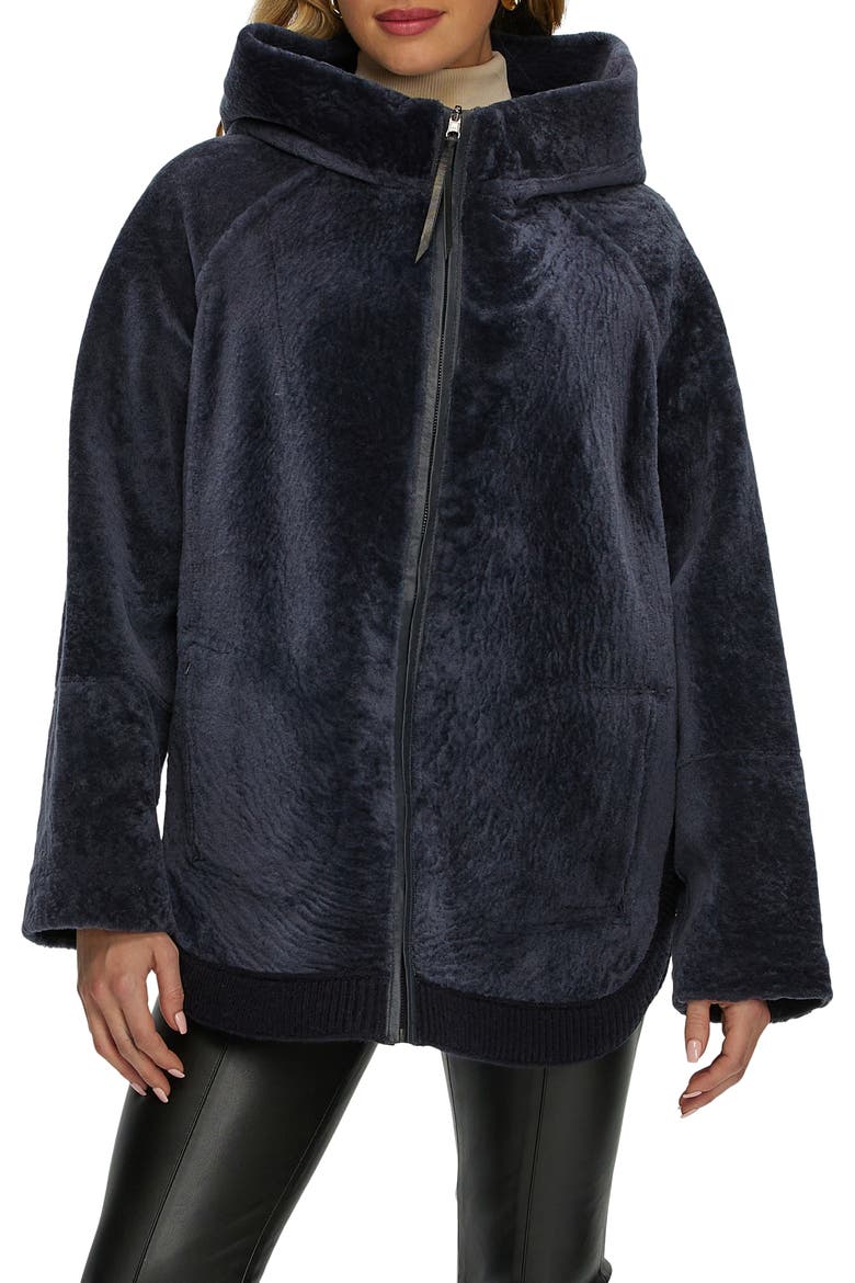 Reversible Textured Genuine Shearling Lamb Zip Parka with Ribbed Hem, Main, color, DARK BLUE/DARK BLUE