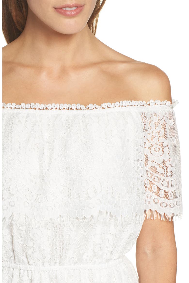 BB Dakota Zinnia Lace Ruffle Off the Shoulder Dress, Alternate, color, IVORY
