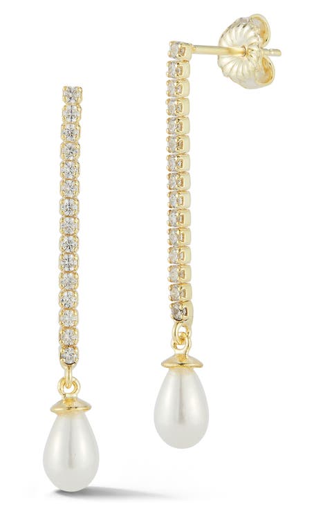 Cubic Zirconia Cultured Pearl Chain Drop Earrings