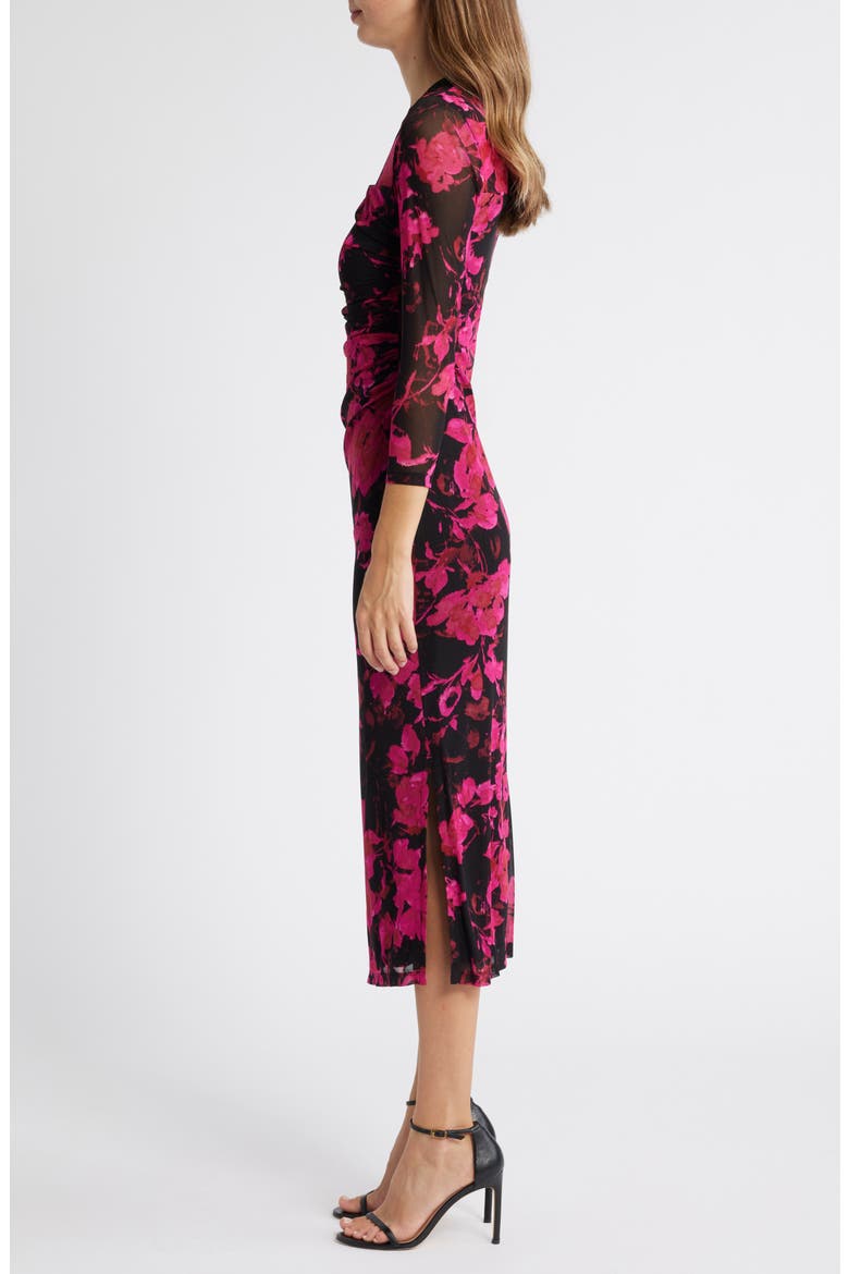 Print Ruched Mesh Midi Dress, Alternate, color, ANNE BLACK MULTI