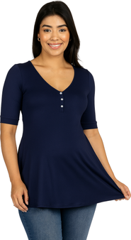 24seven Comfort Apparel Maternity Elbow Sleeve Tunic Top with Button Detail