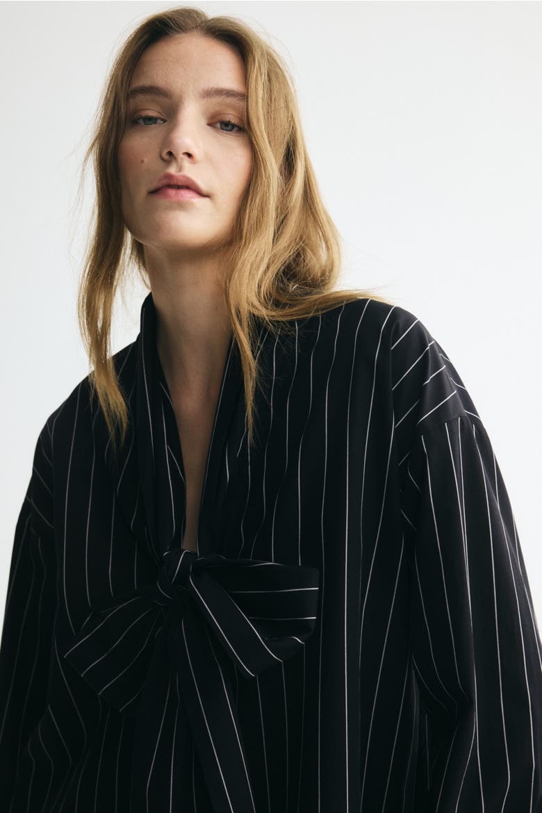 Cotton Blouse With Scarf Collar, Alternate, color, Black/pinstriped