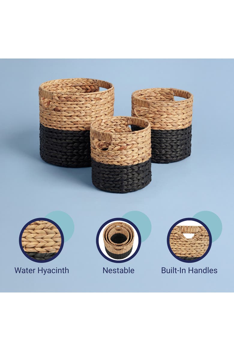 Avery Bohemian Cottage Handwoven Hyacinth Cylinder Nesting Baskets with Handles, Alternate, color, Black/Natural