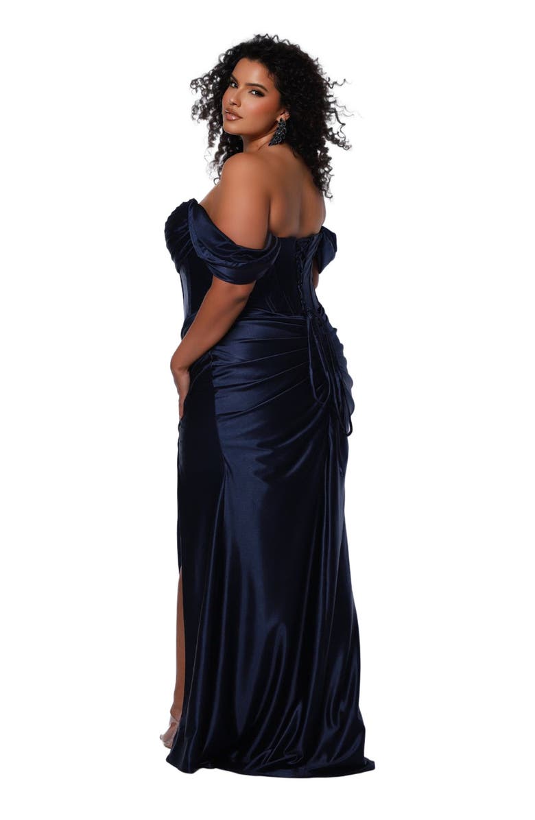 Sydney's Closet Off the Shoulder Fitted Plus Size Evening Gown, Alternate, color, Navy
