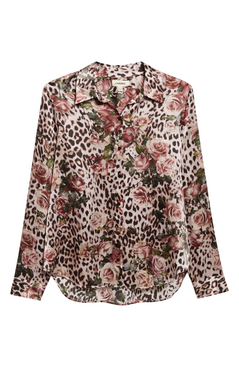L'AGENCE Tyler Leopard Rose Print Silk Button-Up Shirt, Alternate, color, Small Rose Cheetah