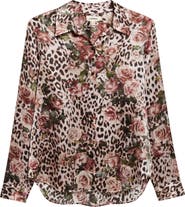 L'AGENCE Tyler Leopard Rose Print Silk Button-Up Shirt