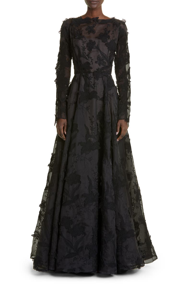 Jason Wu Collection Floral Embroidery Long Sleeve Silk Organza A-Line Gown, Main, color, 