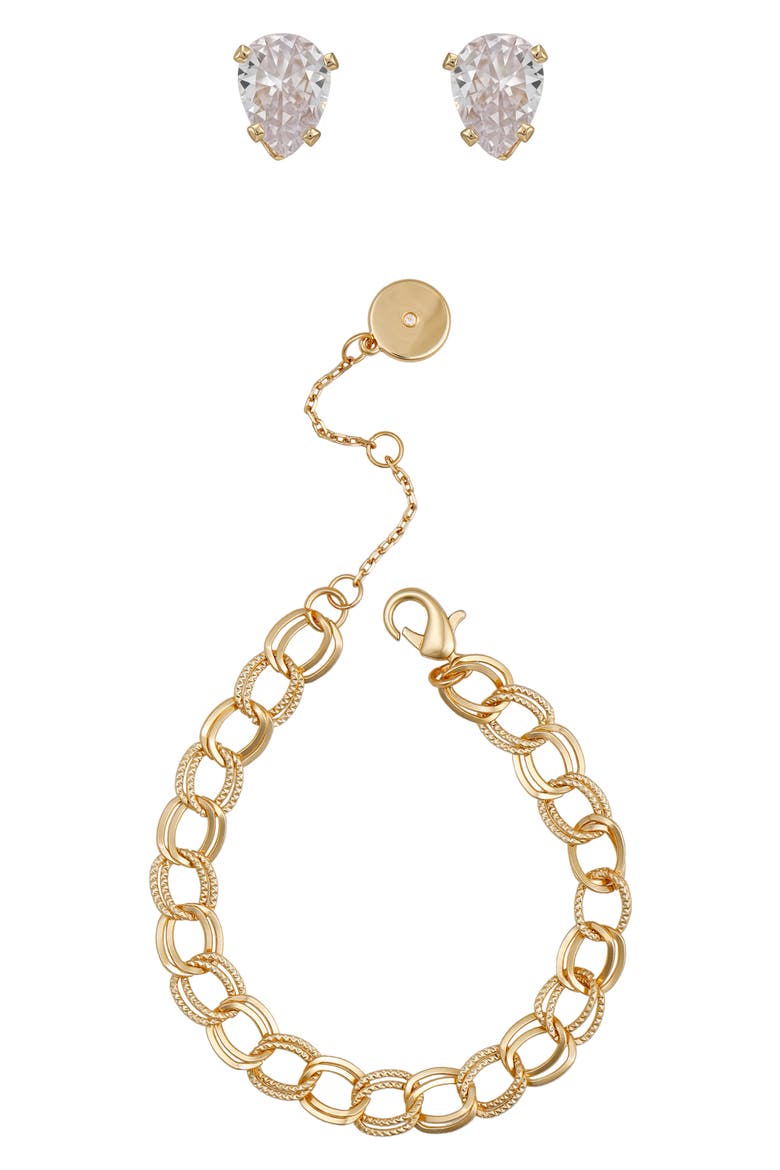 Double Link Bracelet & Cubic Zirconia Stud Earrings Gift Set, Main, color, GOLD