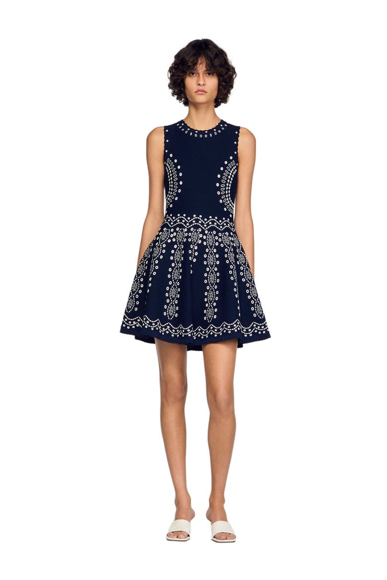 Scarf-print knit short dress, Alternate, color, Navy blue