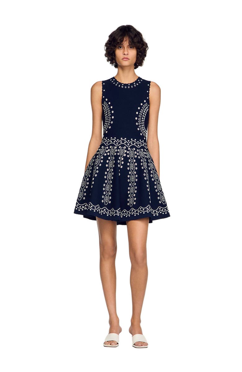SANDRO Scarf-print knit short dress, Alternate, color, Navy Blue