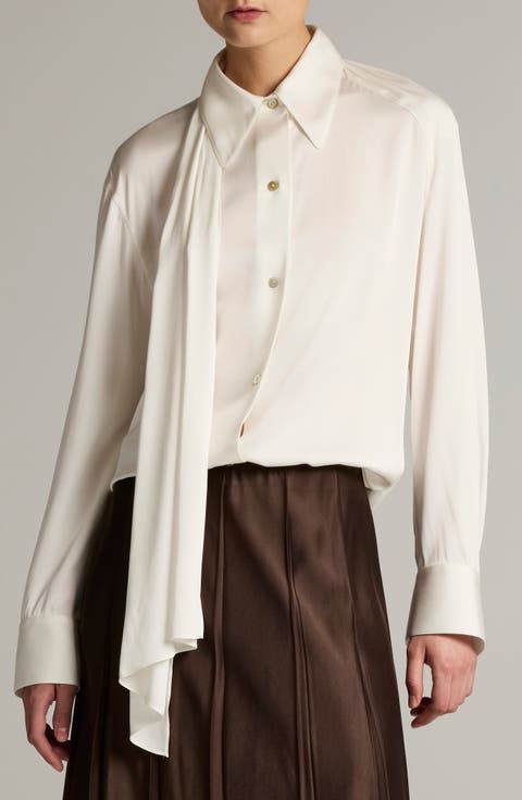 Scarf Detail Silk Blend Button-Up Shirt