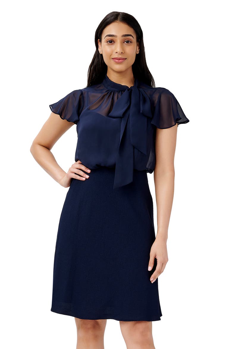 Bow Neck Crepe Chiffon Dress, Alternate, color, MIDNIGHT
