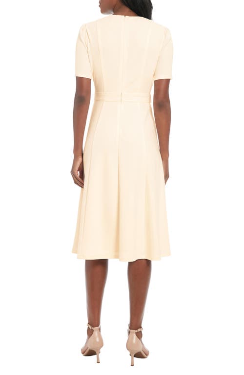 London Times Short Sleeve Side Tab Scuba Midi Dress In Sugar Ivory