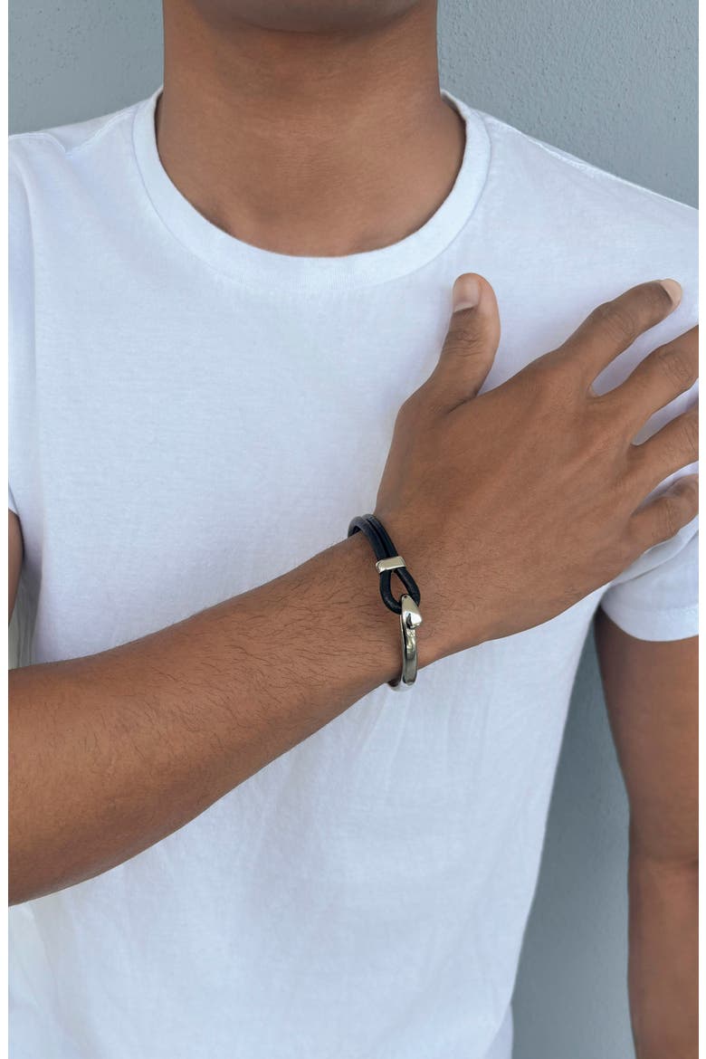 Men's Leather and Cuff Bracelet, Alternate, color, BLACK/ SILVER