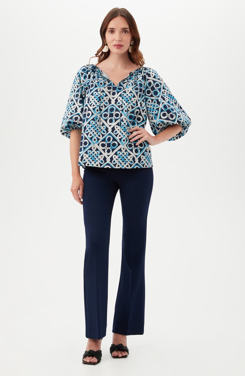 Trina Turk Vista Las Palmas Organic Cotton Elbow-Length Puff Sleeve Top, Alternate, color, Blue Multi
