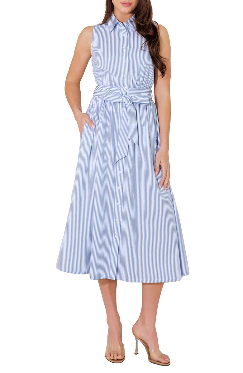 FREEMARKET Pinstripe Sleeveless Midi Shirtdress, Main, color, Blue