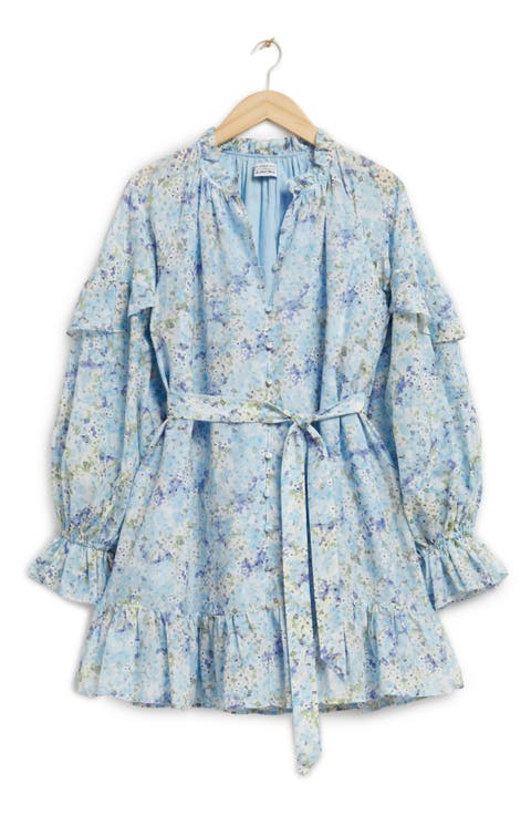 Floral Long Sleeve Cotton & Silk Dress