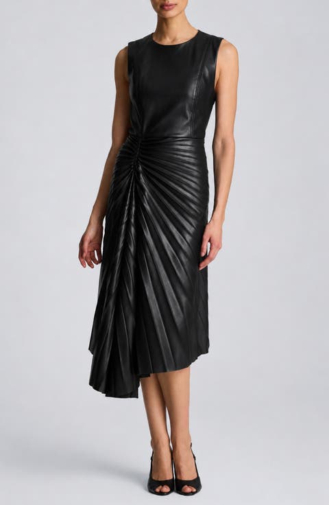 Sunburst Pleat Faux Leather Sleeveless Dress
