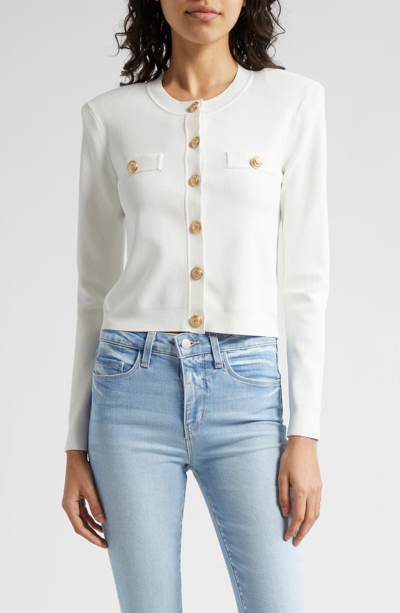 L'AGENCE Toulouse Crewneck Cardigan, Main, color, Ivory