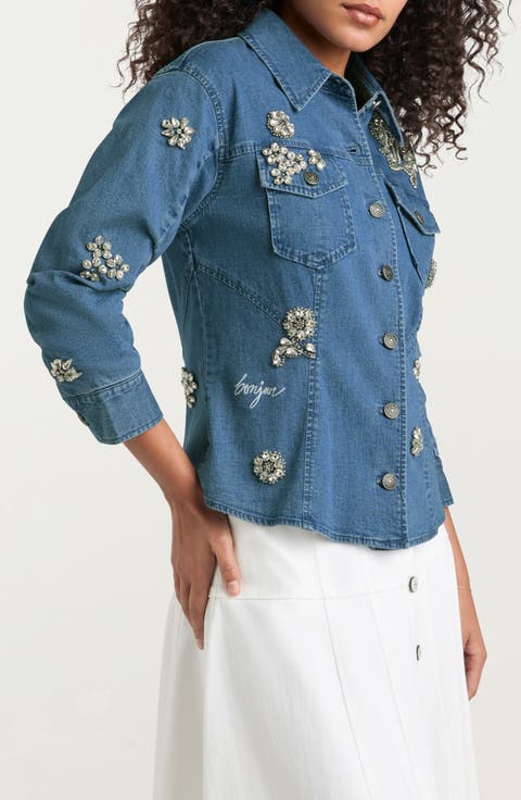 Flower Crystal Stretch Denim Shirt