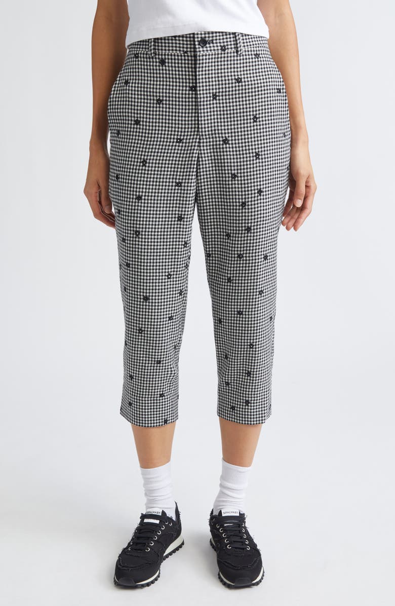 Comme des Garçons Girl Floral Embroidered Gingham Crop Tropical Weight Wool Blend Pants, Main, color, Black / Black / White