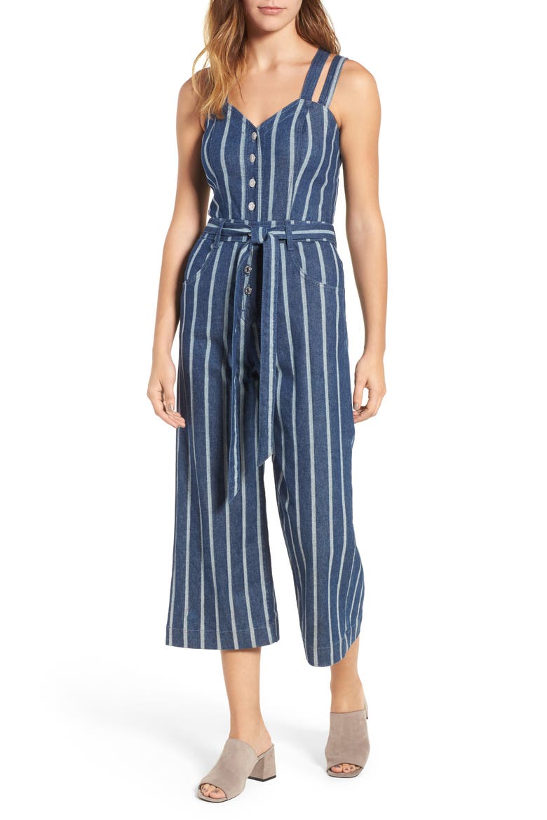 7 For All Mankind® Denim Culotte Jumpsuit, Main, color, LUXE LOUNGE SEASIDE STRIPE