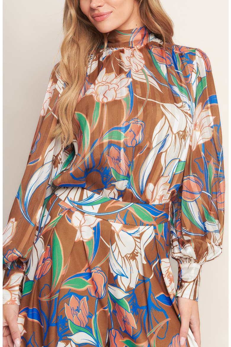 Floral Mock Neck Long Sleeve Top, Alternate, color, BROWN