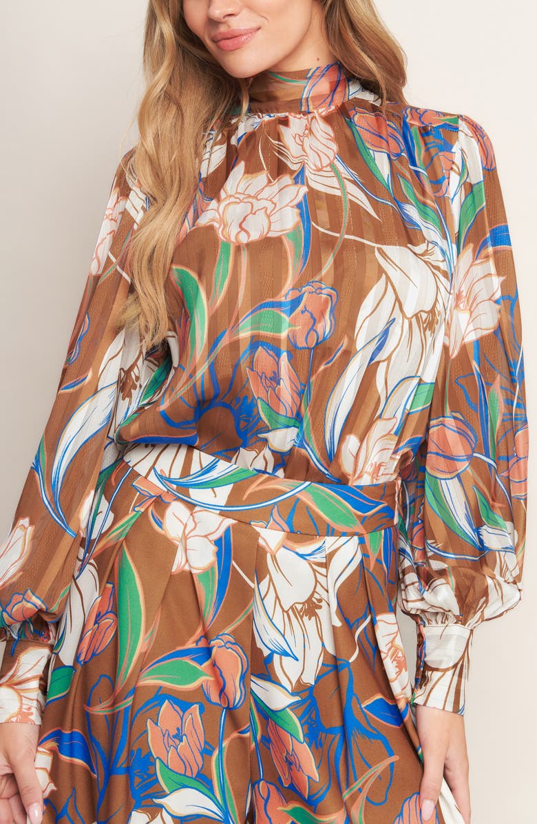 FLYING TOMATO Floral Mock Neck Long Sleeve Top, Alternate, color, Brown