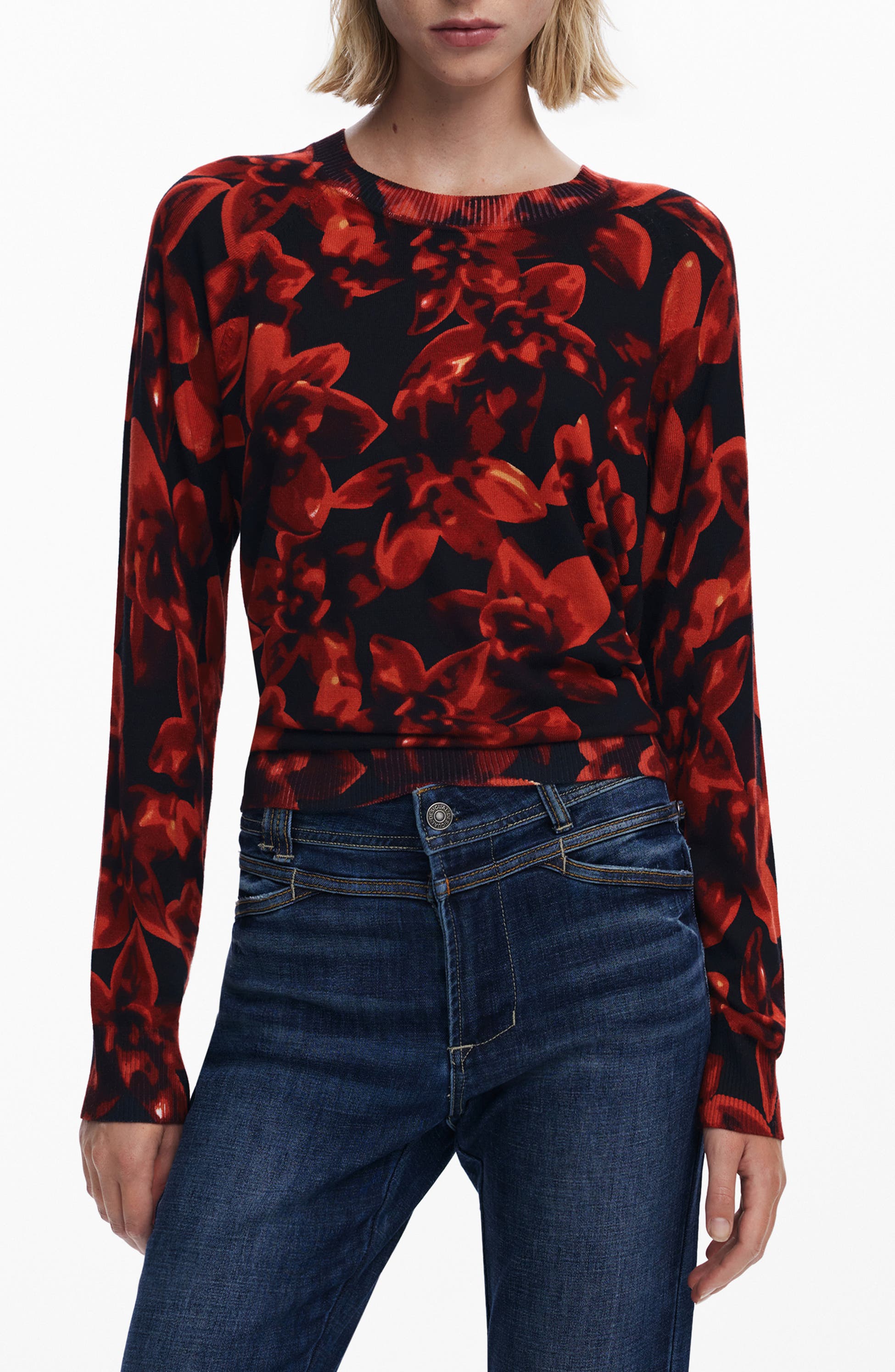 Desigual Floral Crewneck Sweater, Main, color, Black