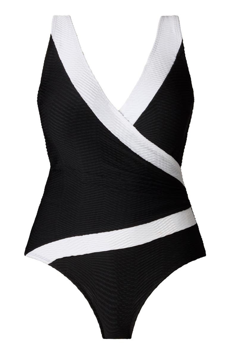 Longitude Pide Side Shirred Surplice Long Torso One-Piece Swimsuit, Alternate, color, Texture Luxe
