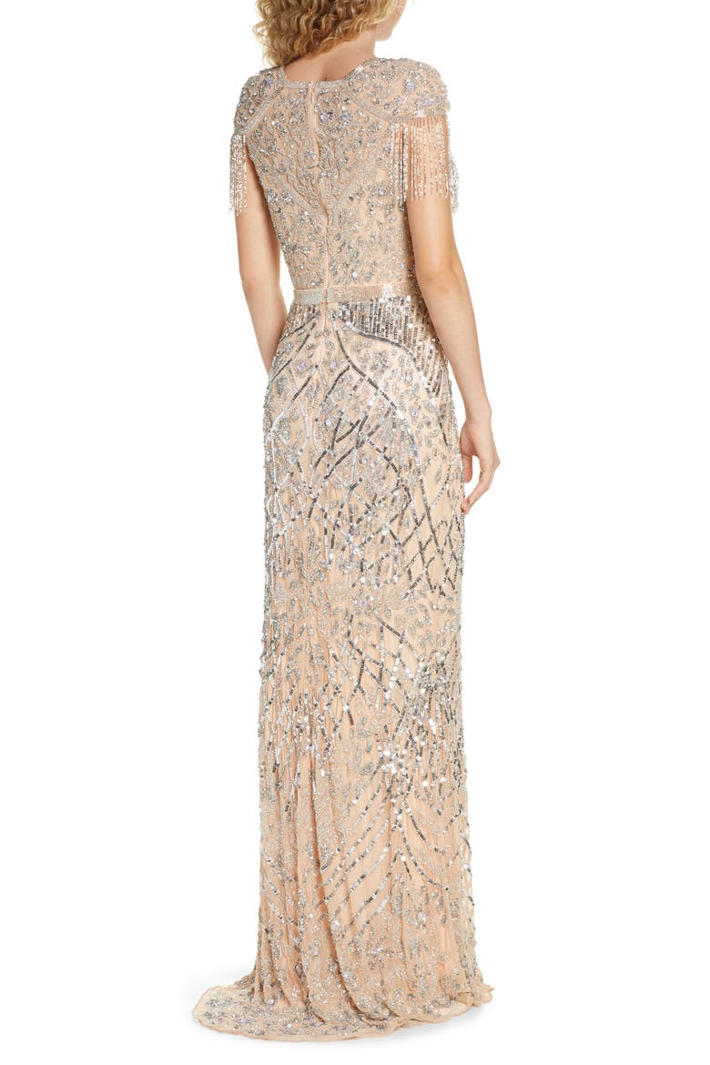 Sequin Fringe Detail Gown with Train, Alternate, color, PLATINUM
