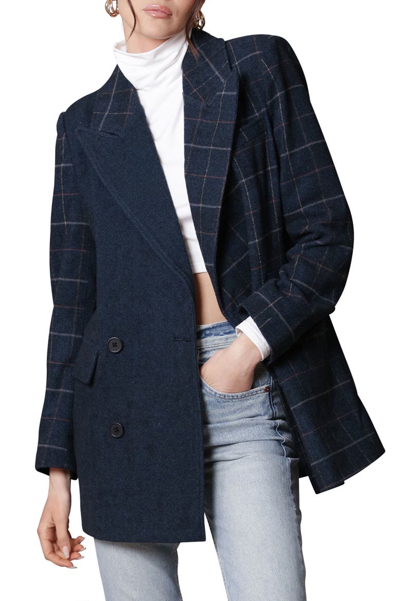 Mixed Plaid Double Breasted Blazer, Main, color, BLACK NAVY PLAID