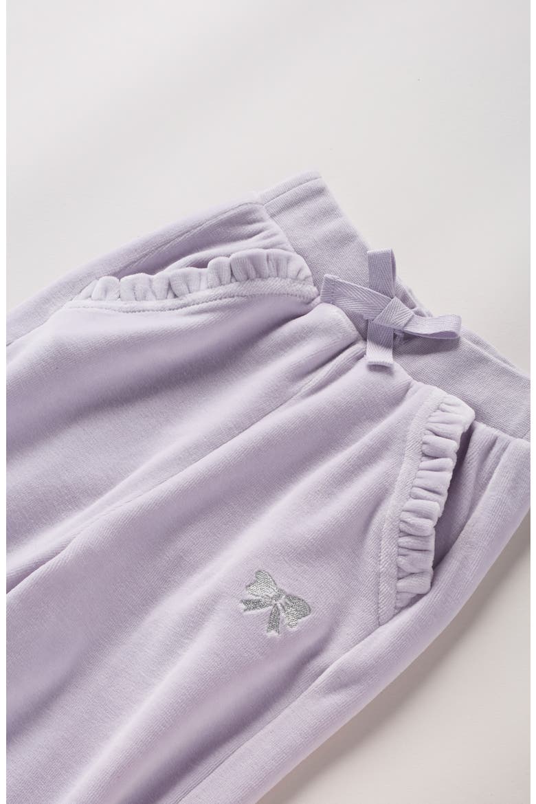 Kids' Ruffle Pocket Velour Pants, Alternate, color, PURPLE PETAL BOW EMB