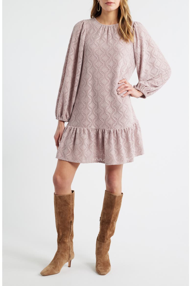 Long Sleeve Drop Waist Chenille Minidress, Main, color, PINK ADOBE