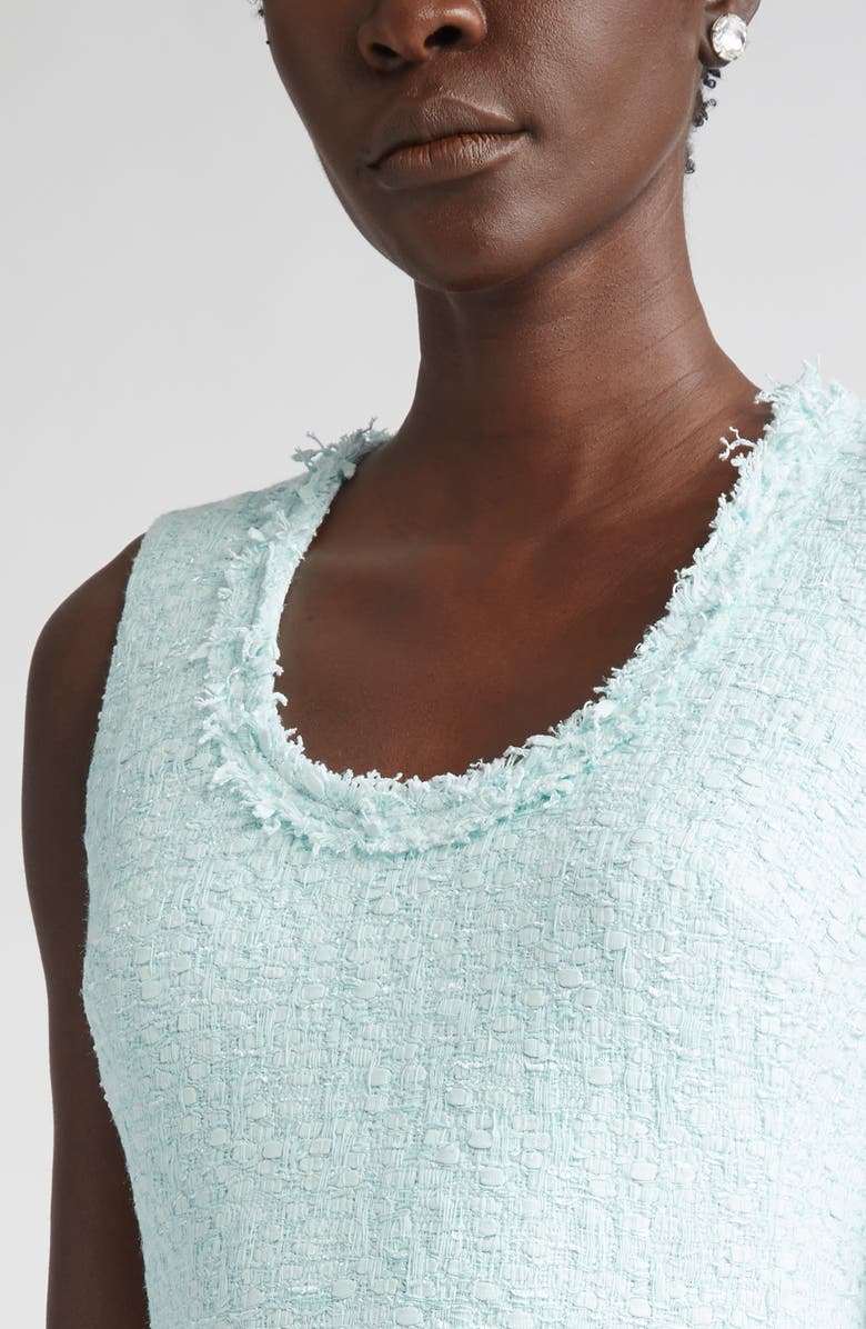 ST. JOHN Fringed Compact Tape Tweed Sheath Dress, Alternate, color, Aqua