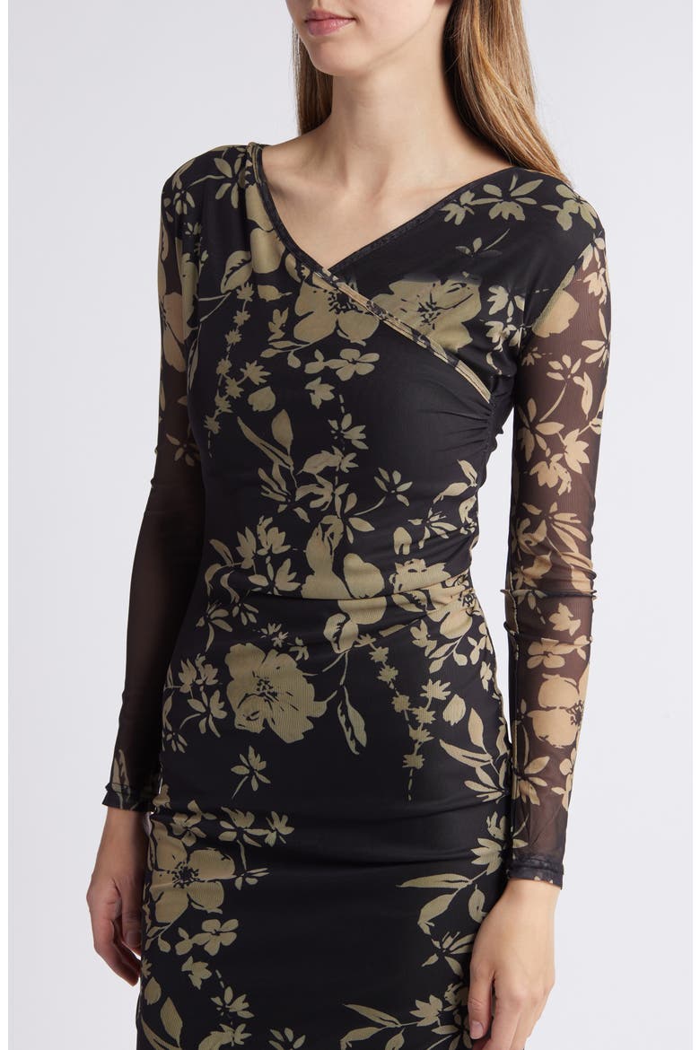 Britt Floral Print Long Sleeve Mesh Maxi Dress, Alternate, color, BLACK