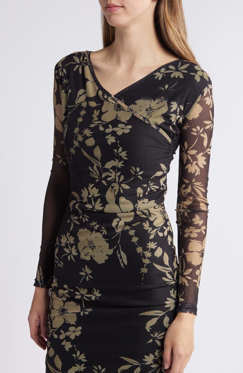NIKKI LUND Britt Floral Print Long Sleeve Mesh Maxi Dress, Alternate, color, Black