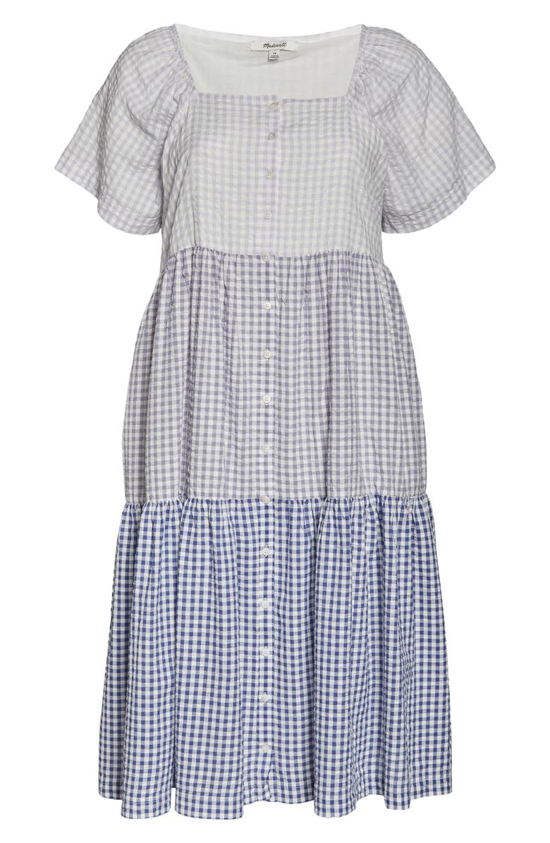 Madewell Patchwork Gingham Button Front Tiered Midi Dress, Alternate, color, 