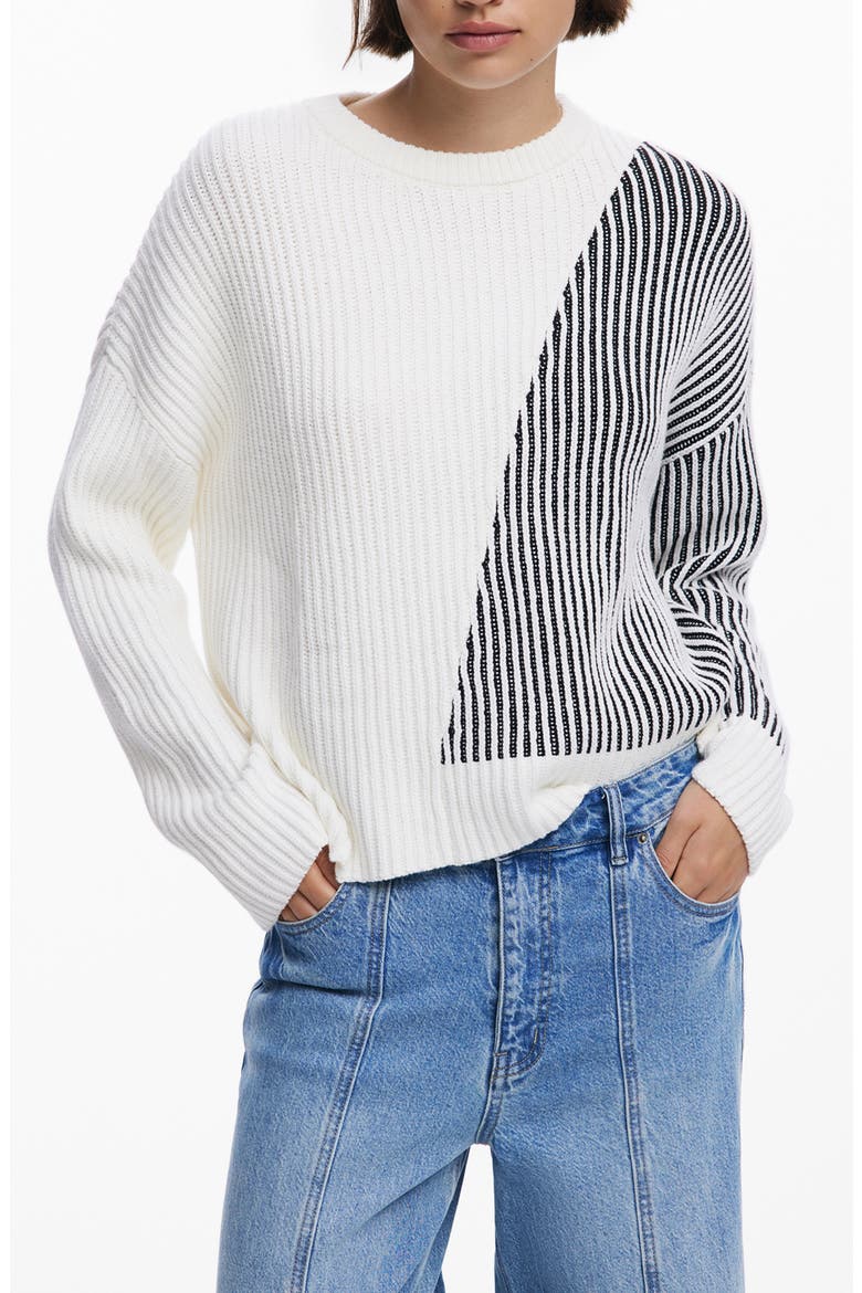 Stripe Crewneck Cotton Blend Sweater, Main, color, OFF WHITE