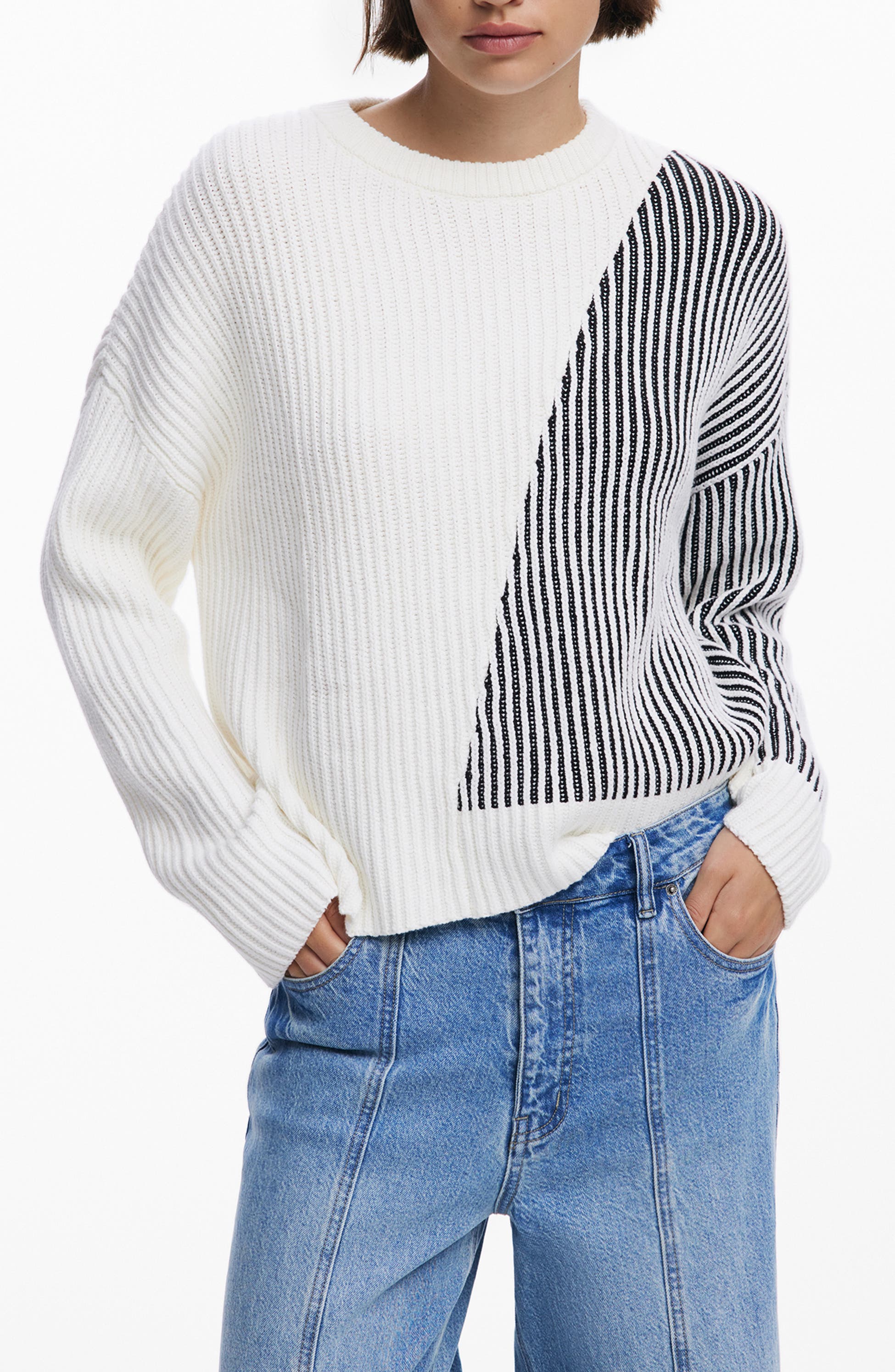 Desigual Stripe Crewneck Cotton Blend Sweater, Main, color, Off White