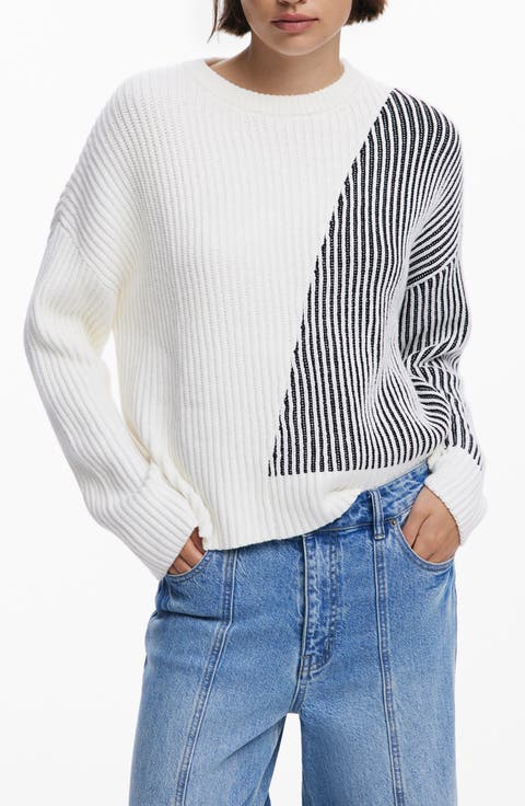 Stripe Crewneck Cotton Blend Sweater