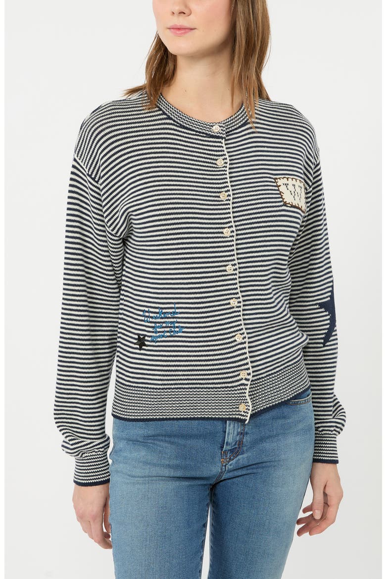 Teiera Stripe Cotton Blend Cardigan, Alternate, color, NAVY