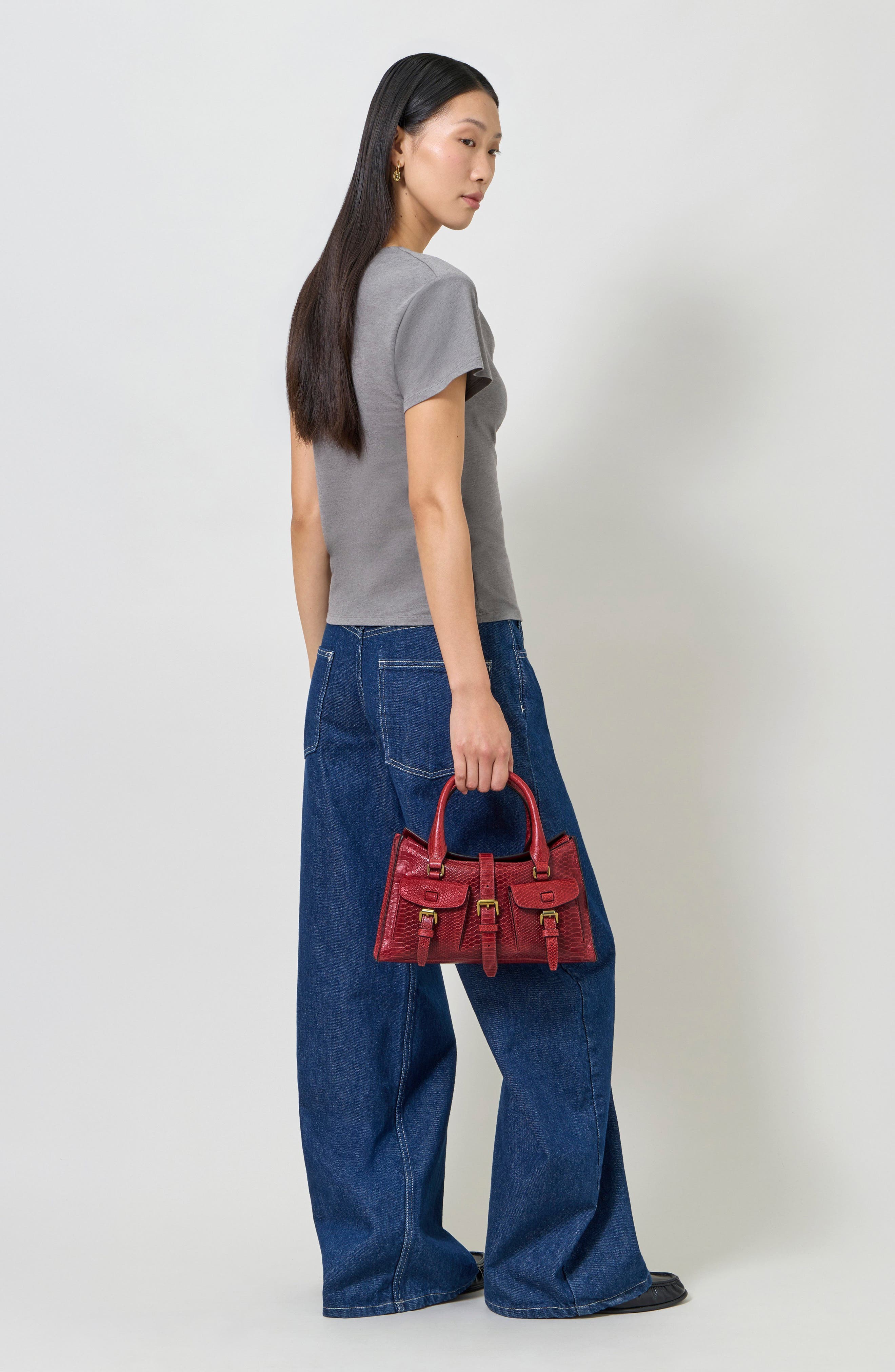 Small Roxanne Croc Embossed Leather Satchel, Alternate, color, APPLE RED