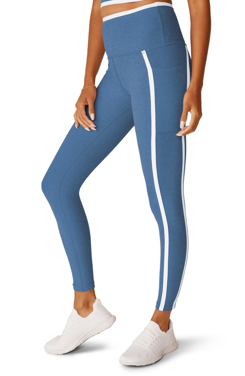 Beyond Yoga Out of Pocket Side Stripe High Waist Pocket Leggings, Alternate, color, Sky Blue Heather/ Cloud White